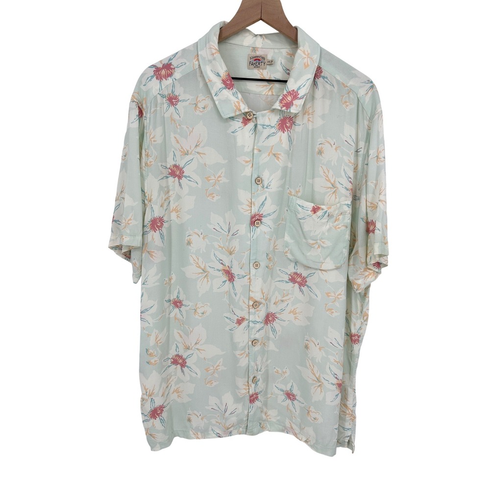 Faherty Kona Camp Shirt Button Down Mens XXL Mint Floral Short Sleeve